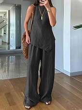 Women's Cotton Linen  Sleeveless Round Neck Sets