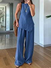 Women's Cotton Linen  Sleeveless Round Neck Sets