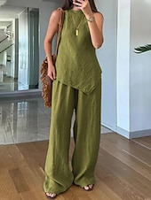 Women's Cotton Linen  Sleeveless Round Neck Sets