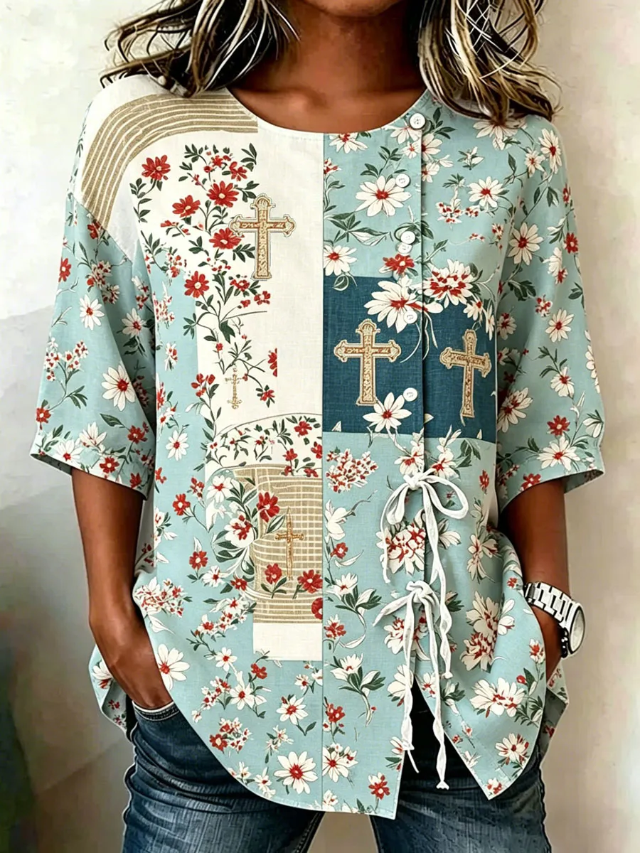 Women'S Casual Print Cotton Linen Faith Print Top