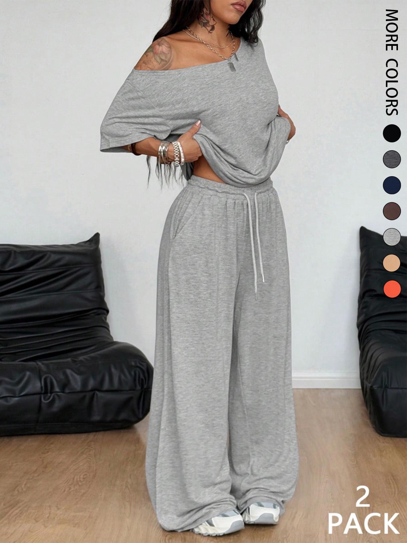 2pcs/Set Women's Minimalist Basic Daily Wear Casual Going Out Sport Comfortable Off Shoulder T-Shirt And Wide Leg Pants Two Pieces Outfits