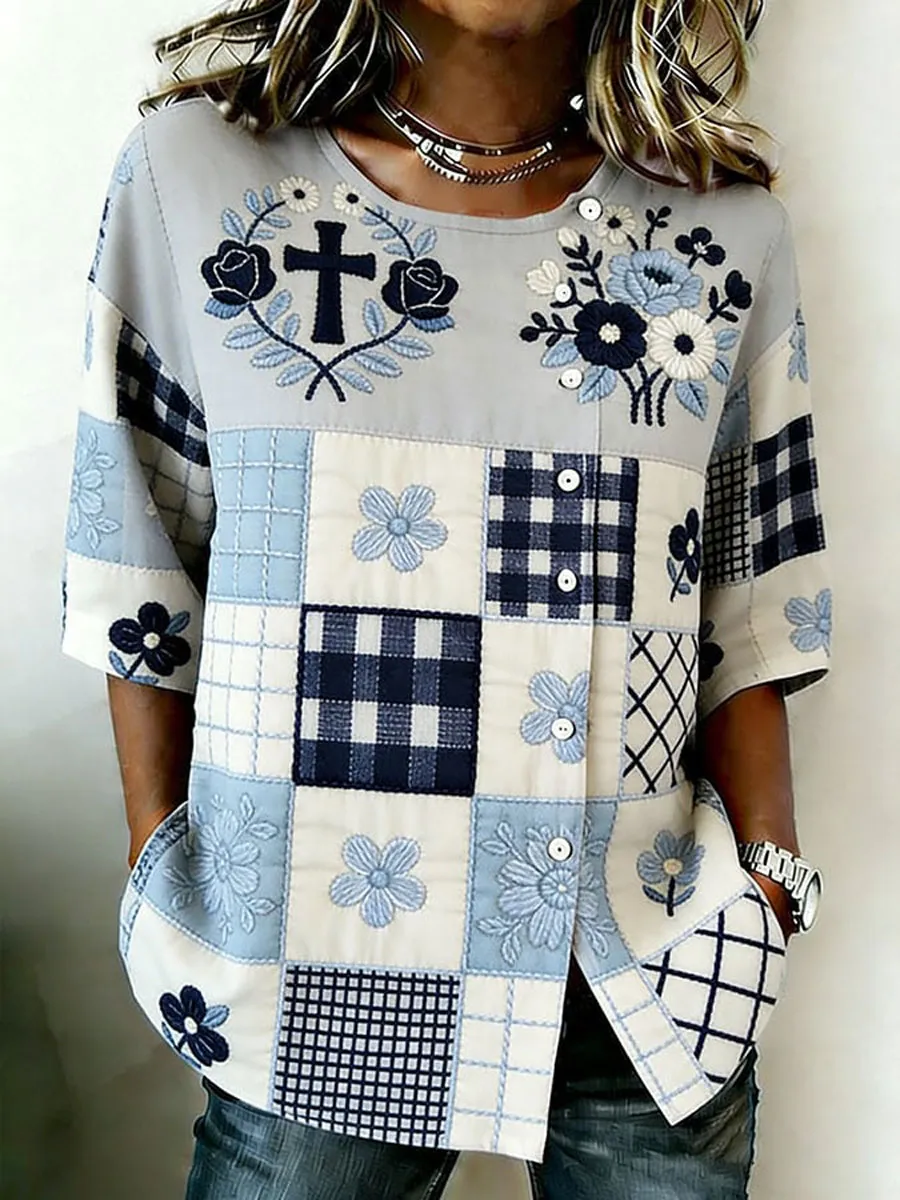 [Copy]Women'S Casual Print Cotton Linen Faith Top