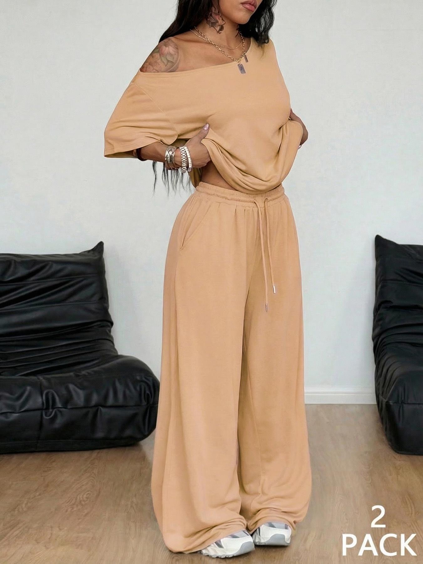 2pcs/Set Women's Minimalist Basic Daily Wear Casual Going Out Sport Comfortable Off Shoulder T-Shirt And Wide Leg Pants Two Pieces Outfits