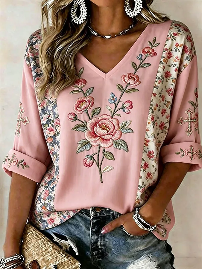 Women'S Floral Cross Printed Long Sleeved Cotton And Linen Top