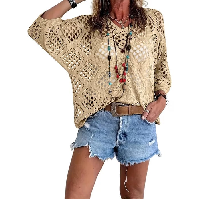 ⏰Hot Sale-Womens Bohemian-Inspired Beige Crochet Top with V-Neck