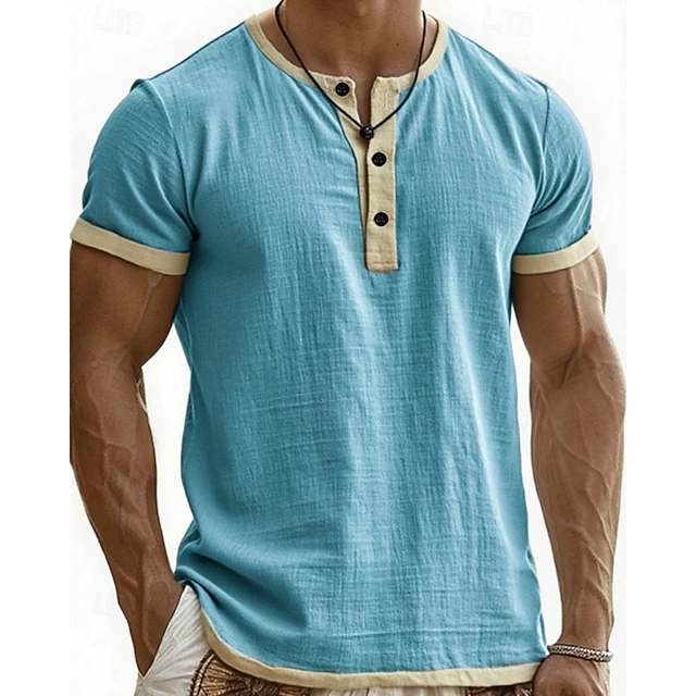Men’s Color Block Henley Short Sleeve T-Shirt