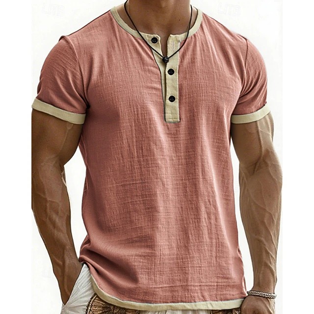 Men’s Color Block Henley Short Sleeve T-Shirt