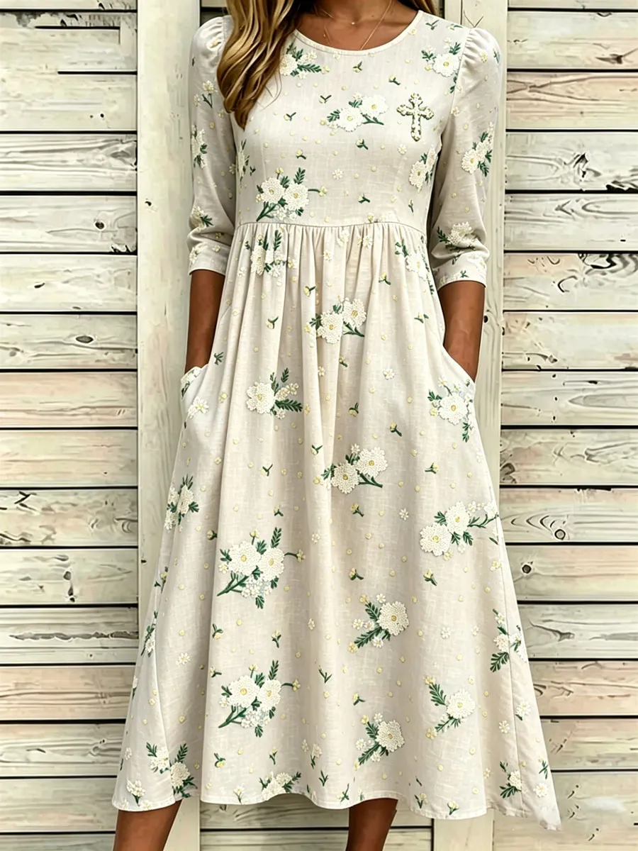 Women'S Cotton And Linen Casual Printed Loose Dress