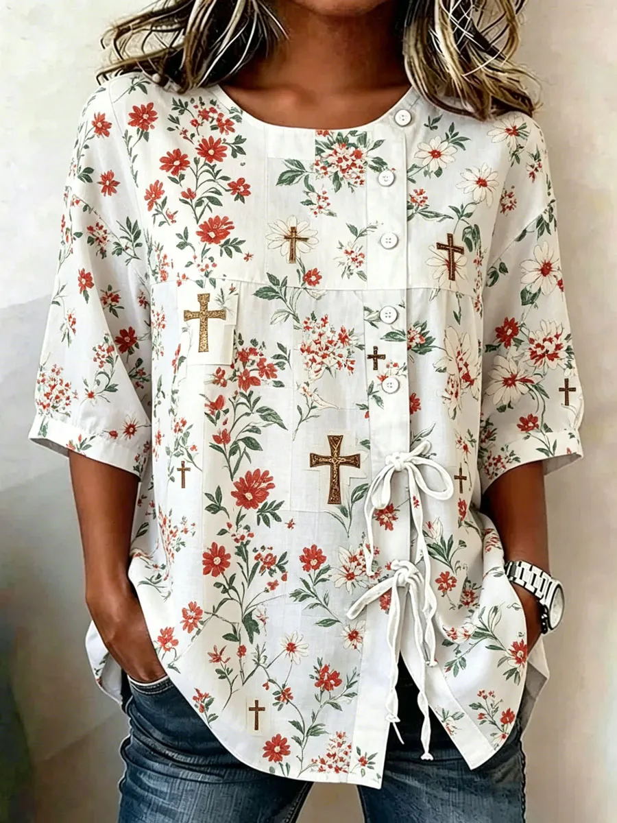 Women'S Casual Print Cotton Linen Faith Print Top