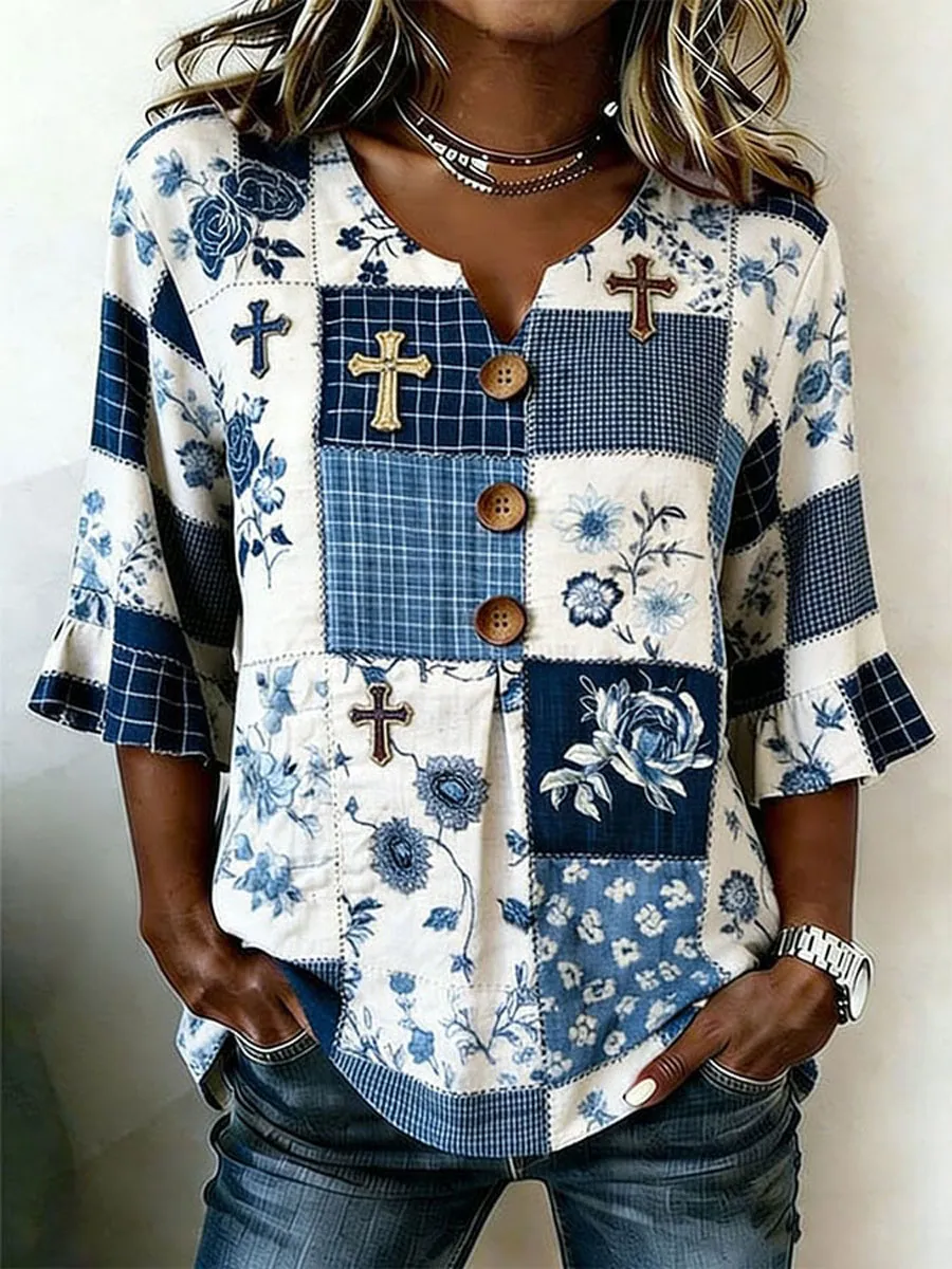 Women'S Casual Print Cotton Linen Faith Top