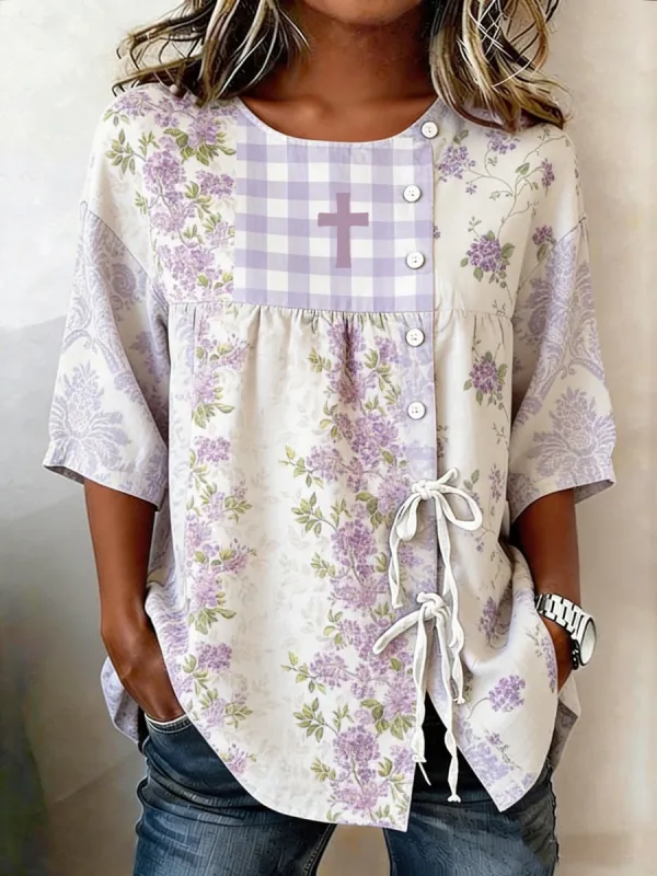 Women's Casual Purple Art Faith Cotton and Linen Shirt