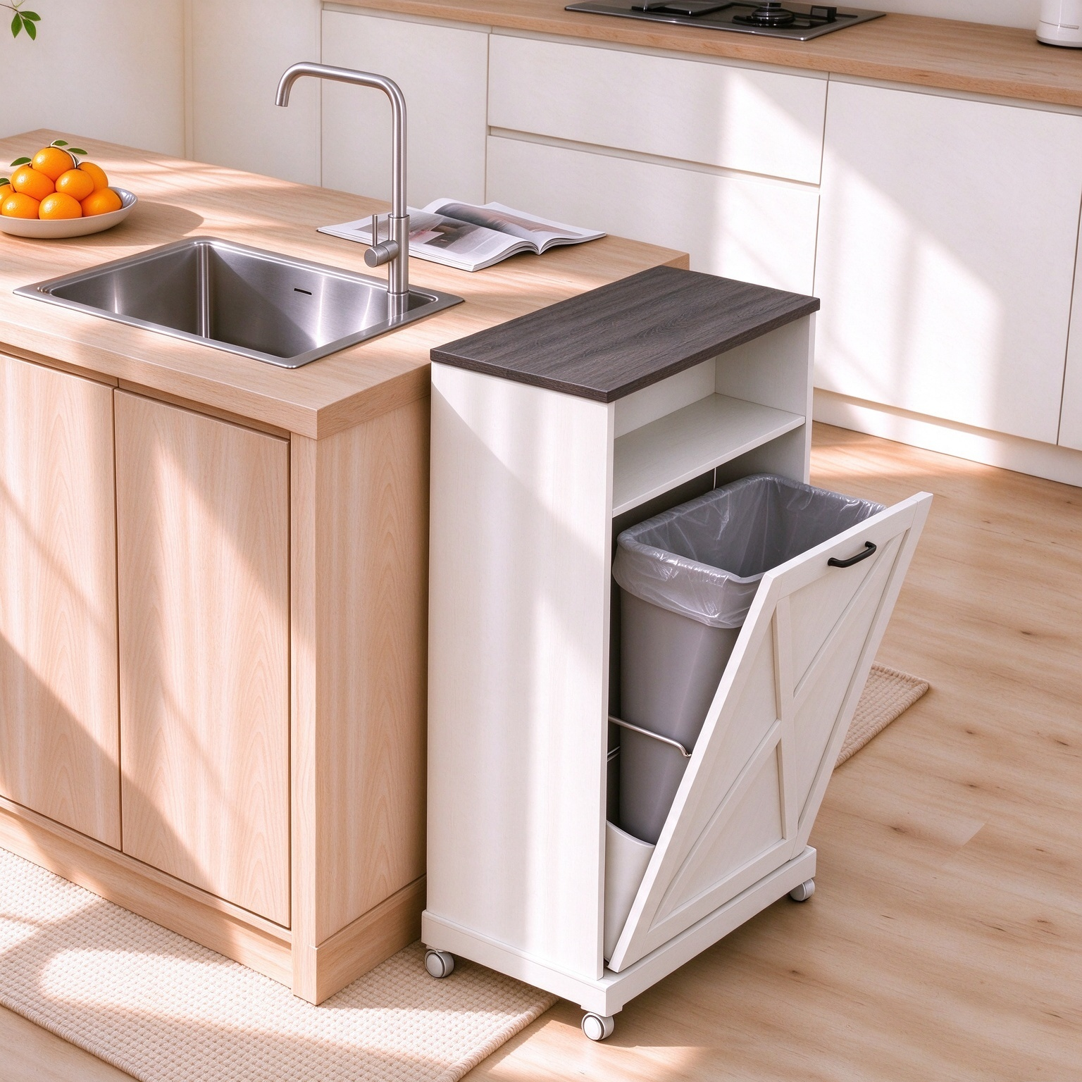Bedsnus 13 Gallon Tilt Out Trash Cabinet, Pet Proof Garbage Recycling Cabinet for Kitchen, Wooden Cabinet For Kitchen, Living Room, Bathroom, White