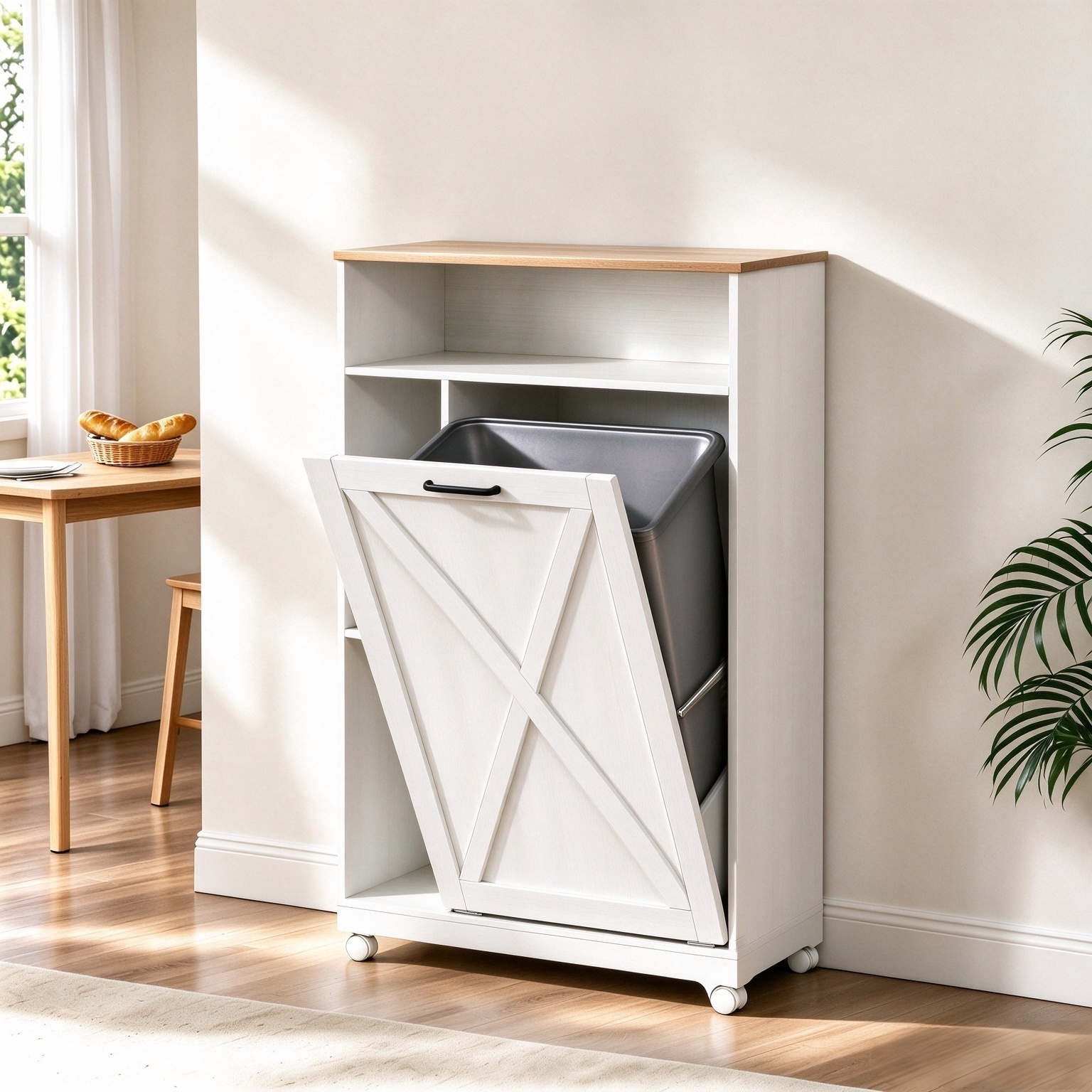 Bedsnus 13 Gallon Tilt Out Trash Cabinet, Pet Proof Garbage Recycling Cabinet for Kitchen, Wooden Cabinet with Wheels For Kitchen, Living Room, Bathroom, White
