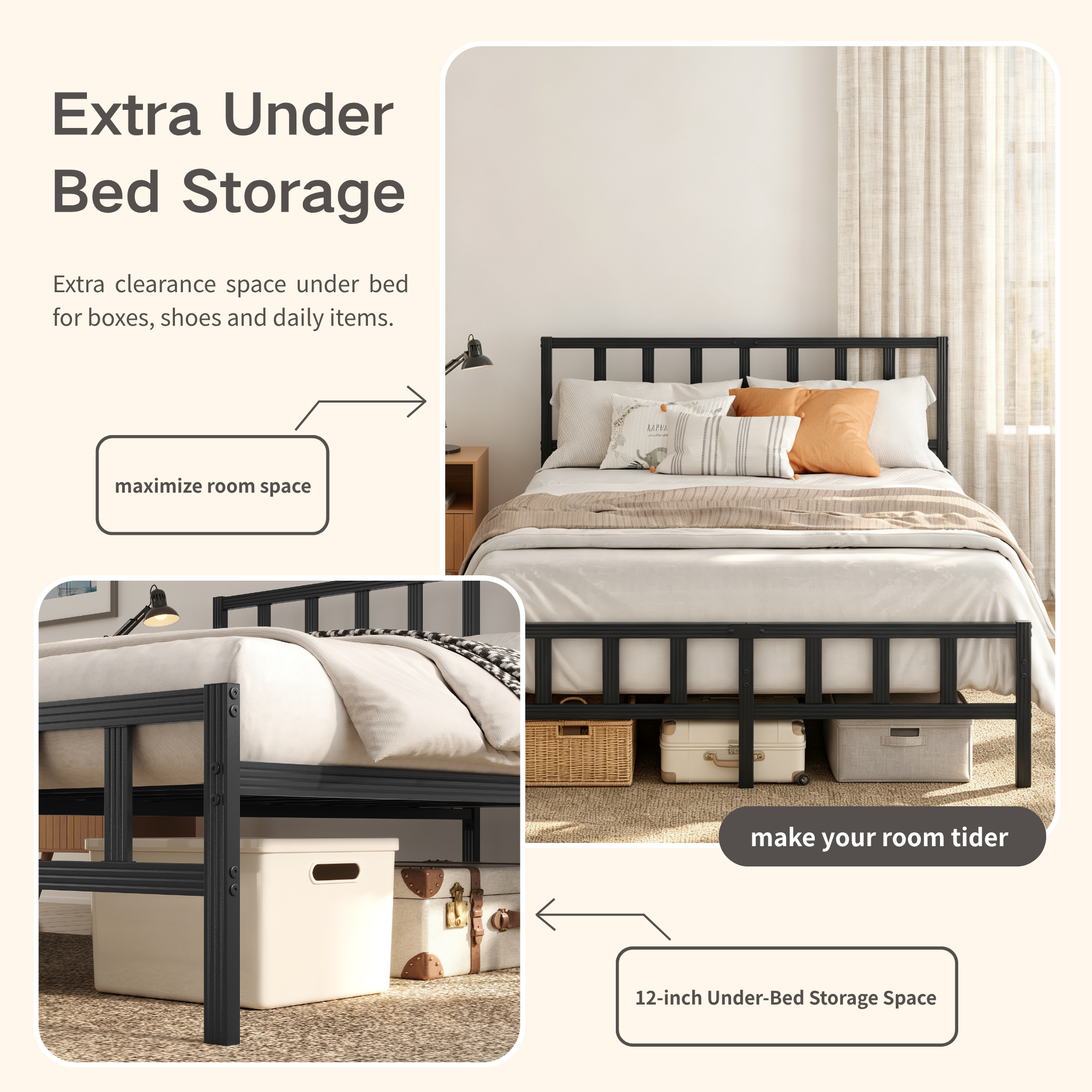 Bedsnus 14 inch Solid Metal Bed Frame with Headboard and Footboard, Heavy Duty Metal Platform No Box Spring Needed, Easy Assembly, Black