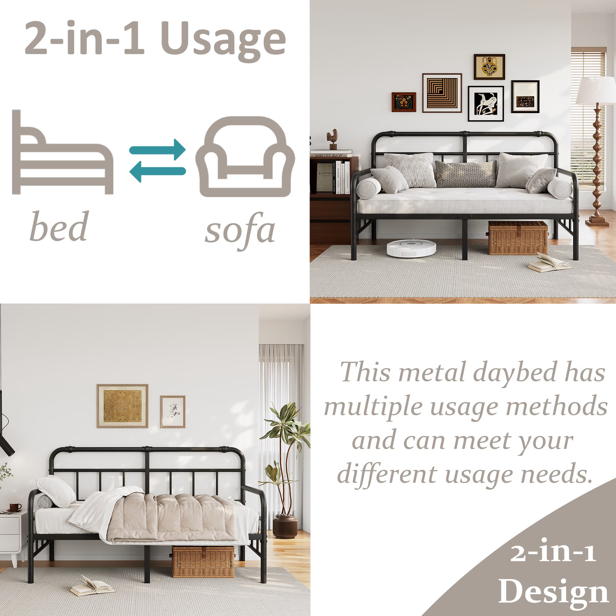 FSCHOS 14 inch Twin Size Metal Daybed Frame, Twin Sofa Daybed Frame for Living Room, Heavy Duty Slats Support