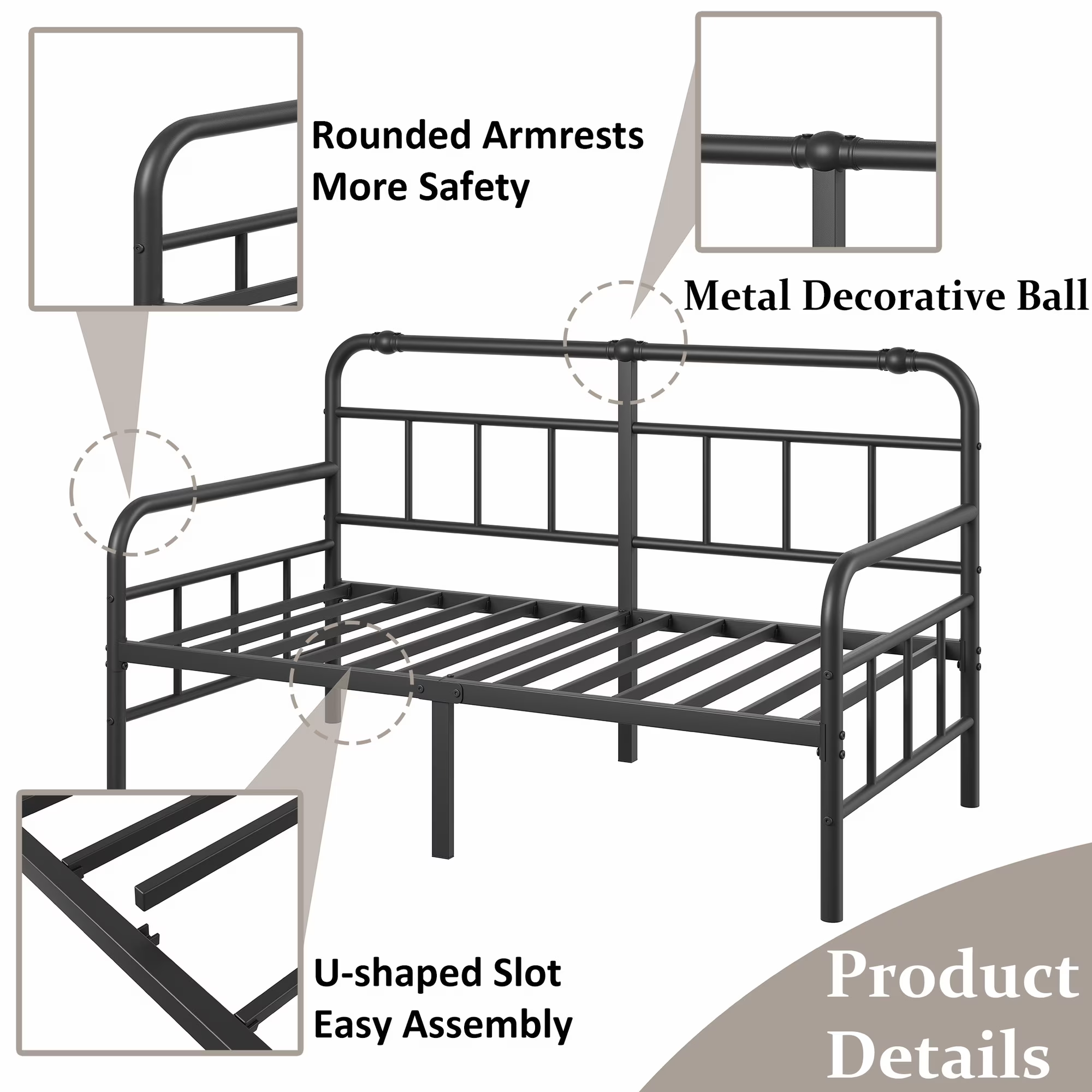 FSCHOS 14 inch Twin Size Metal Daybed Frame, Twin Sofa Daybed Frame for Living Room, Heavy Duty Slats Support