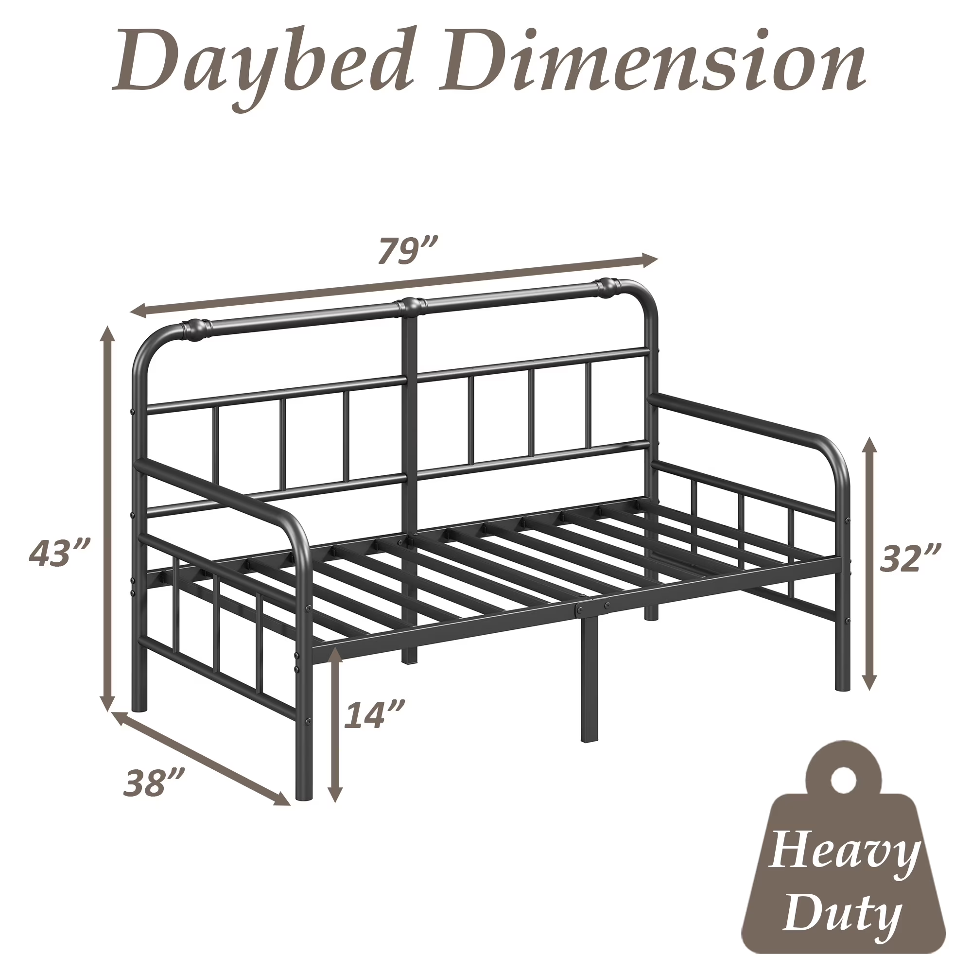 QFTIME 14 inch Twin Size Metal Daybed Frame, Metal Slats Support, Twin Sofa Bed Daybed Frame for Living Room