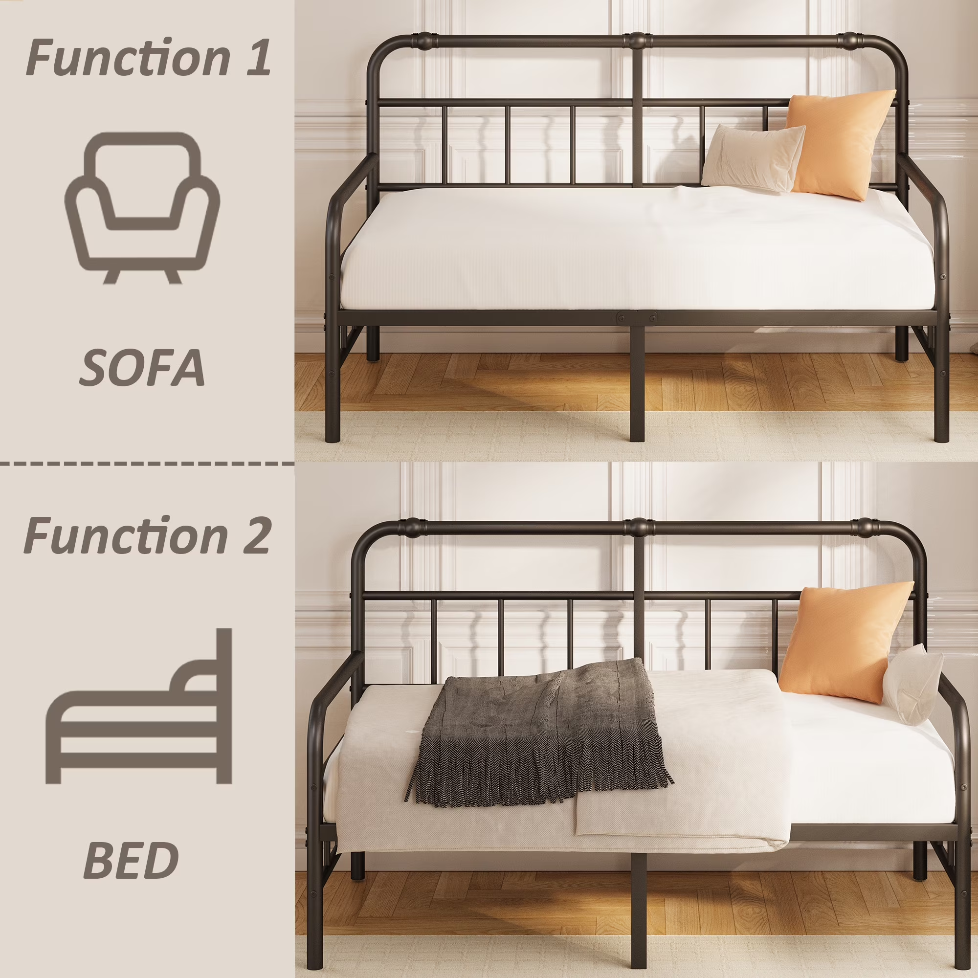 QFTIME 14 inch Twin Size Metal Daybed Frame, Metal Slats Support, Twin Sofa Bed Daybed Frame for Living Room