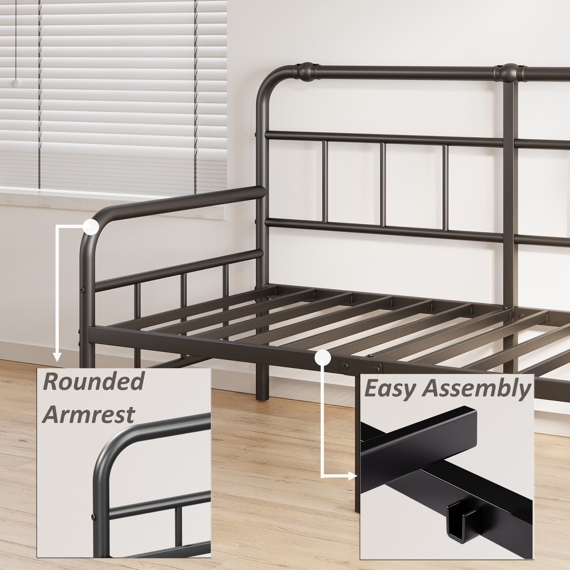 QFTIME 14 inch Twin Size Metal Daybed Frame, Metal Slats Support, Twin Sofa Bed Daybed Frame for Living Room