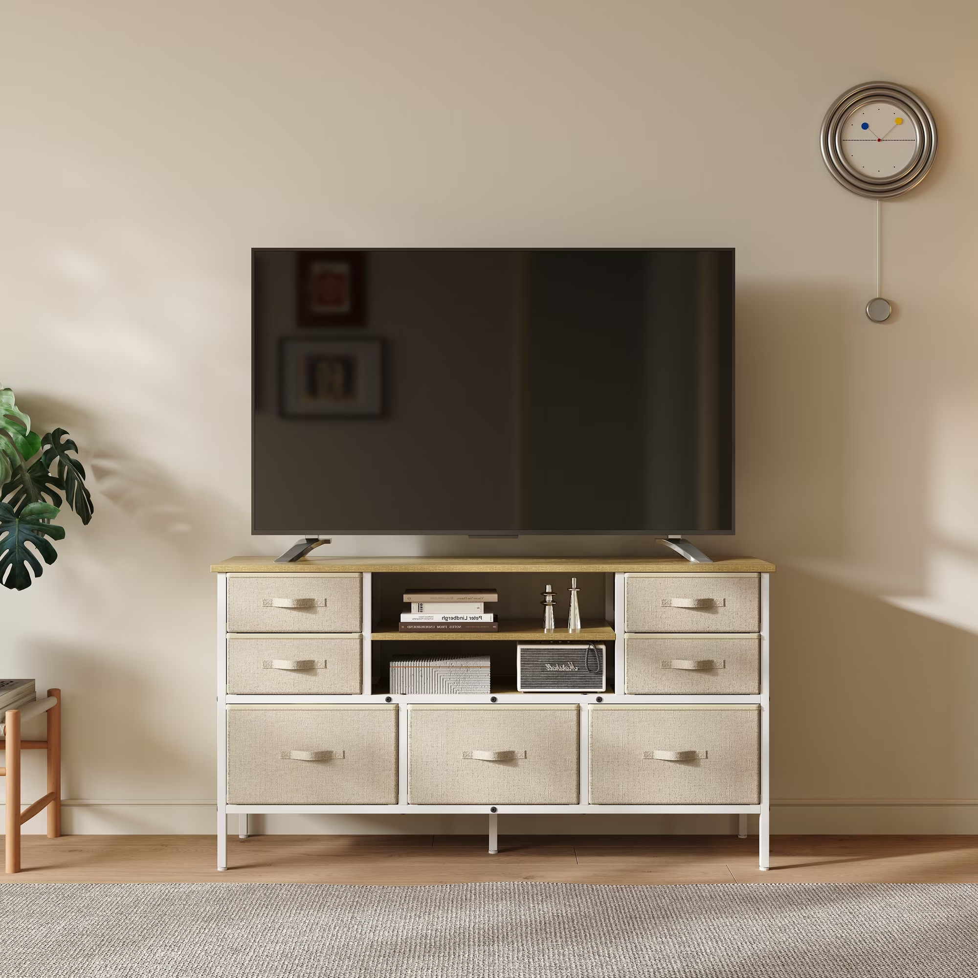 Wide 7-Drawer Dresser & TV Stand, Fabric Storage Chest with Open Shelves and Wooden Top, Sturdy Metal Frame Media Console Entertainment Center for Bedroom, Living Room, Hallway, Light Beige