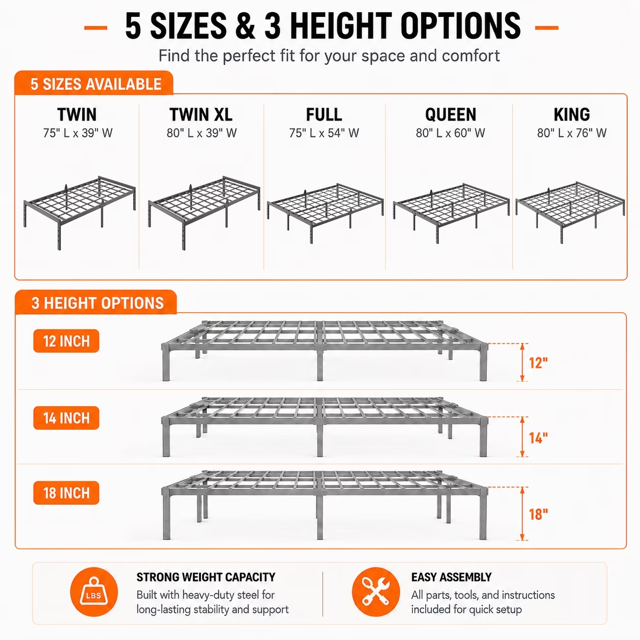 Bedsnus Metal Bed Frame with Grid Support, Heavy Duty Mattress Foundation, Raised Edge Design, Easy Assembly Bed Base with Underbed Storage
