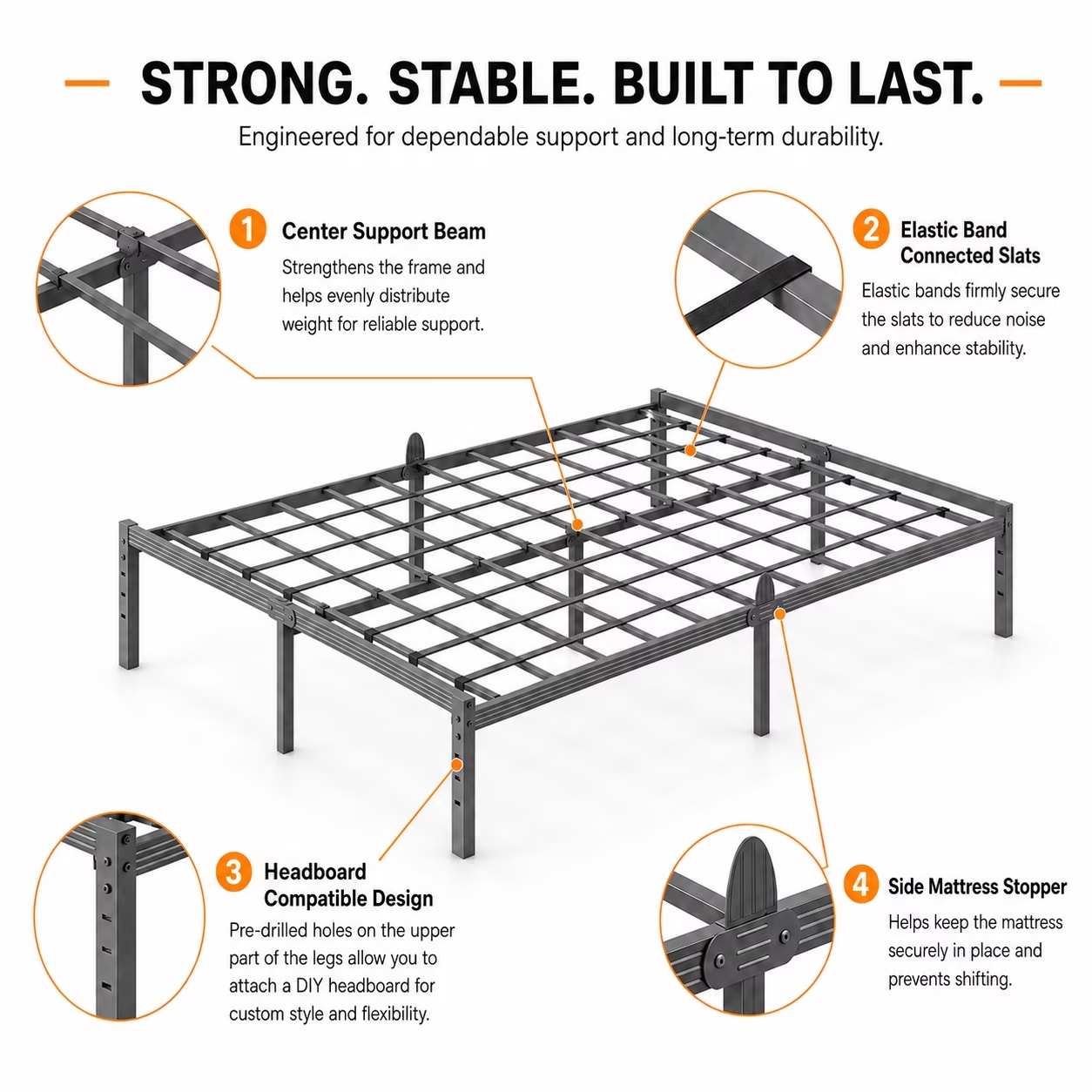 Bedsnus Metal Bed Frame with Grid Support, Heavy Duty Mattress Foundation, Raised Edge Design, Easy Assembly Bed Base with Underbed Storage