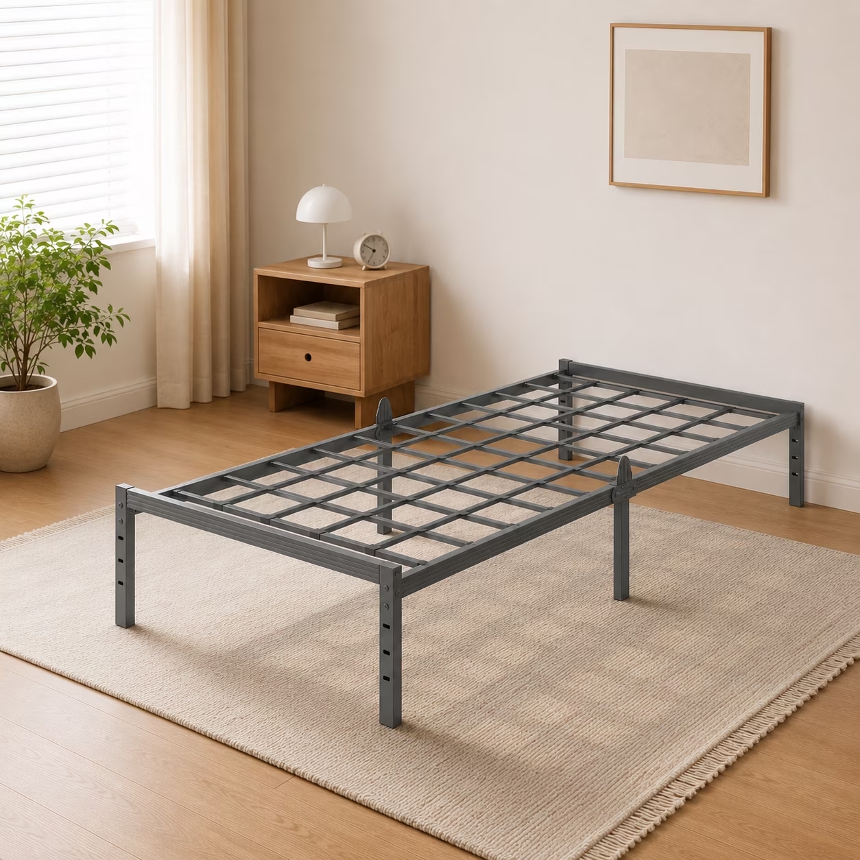 Bedsnus Metal Bed Frame with Grid Support, Heavy Duty Mattress Foundation, Raised Edge Design, Easy Assembly Bed Base with Underbed Storage