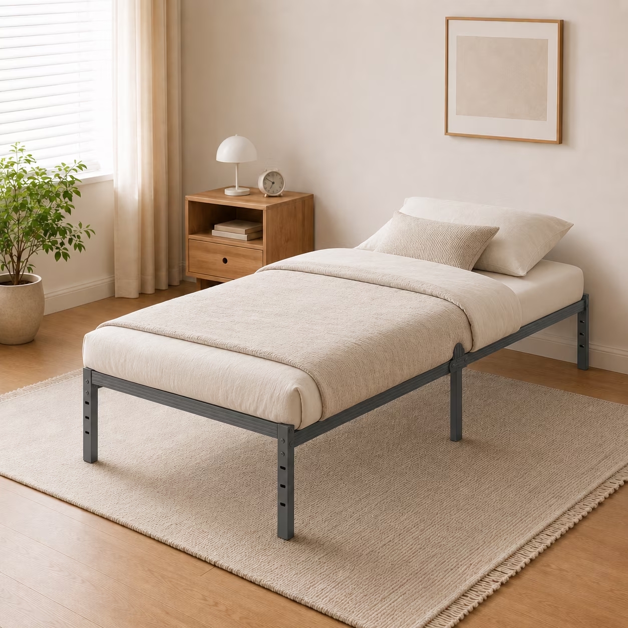 Bedsnus Metal Bed Frame with Grid Support, Heavy Duty Mattress Foundation, Raised Edge Design, Easy Assembly Bed Base with Underbed Storage