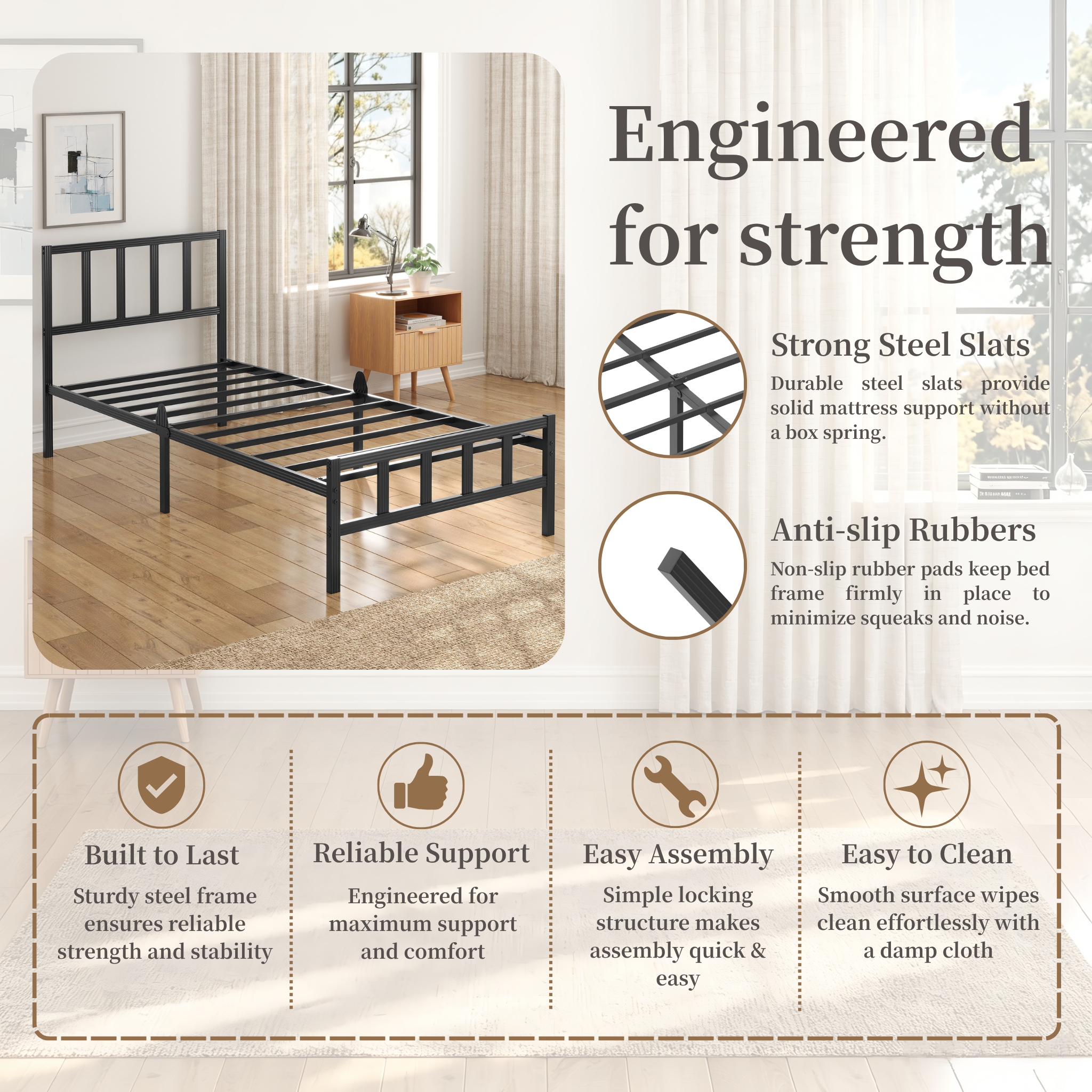 Bedsnus 14 inch Solid Metal Bed Frame with Headboard and Footboard, Heavy Duty Metal Platform No Box Spring Needed, Easy Assembly, Black