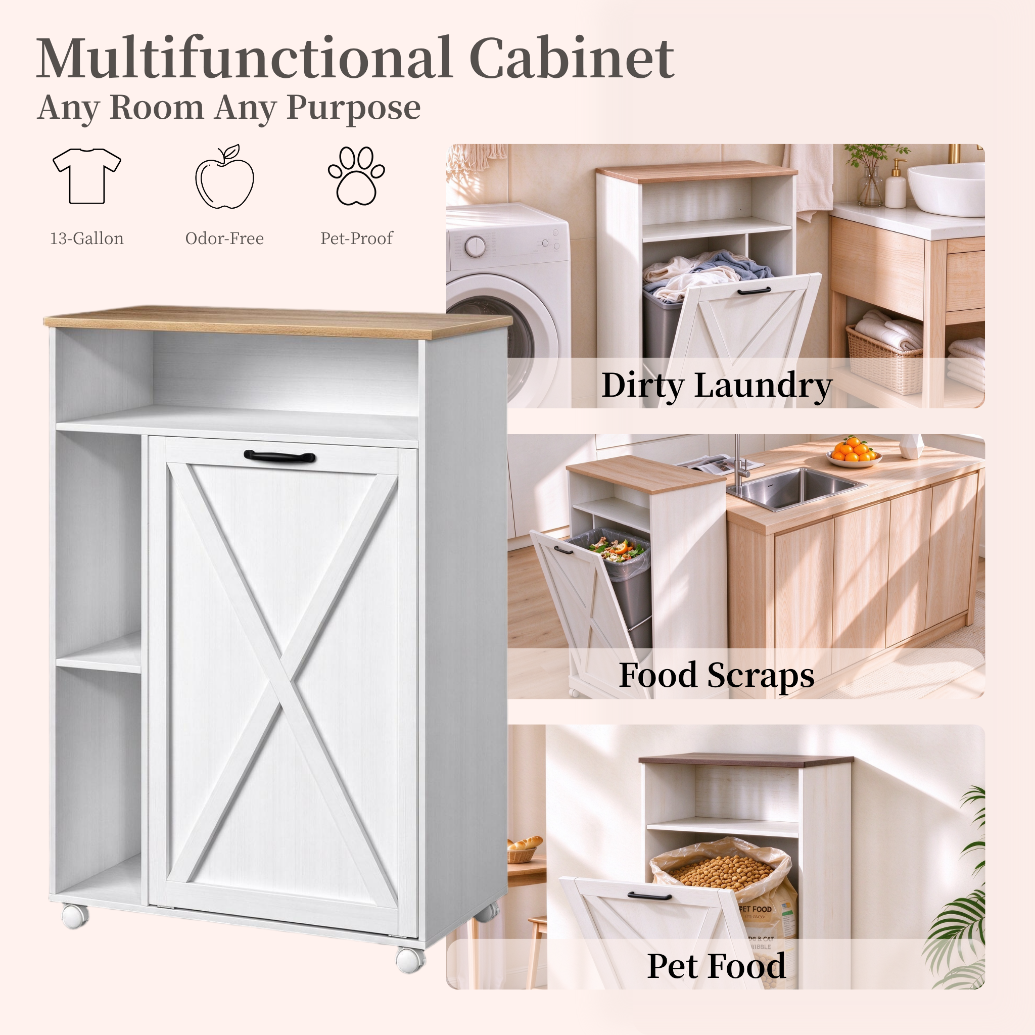 Bedsnus 13 Gallon Tilt Out Trash Cabinet, Pet Proof Garbage Recycling Cabinet for Kitchen, Wooden Cabinet with Wheels For Kitchen, Living Room, Bathroom, White