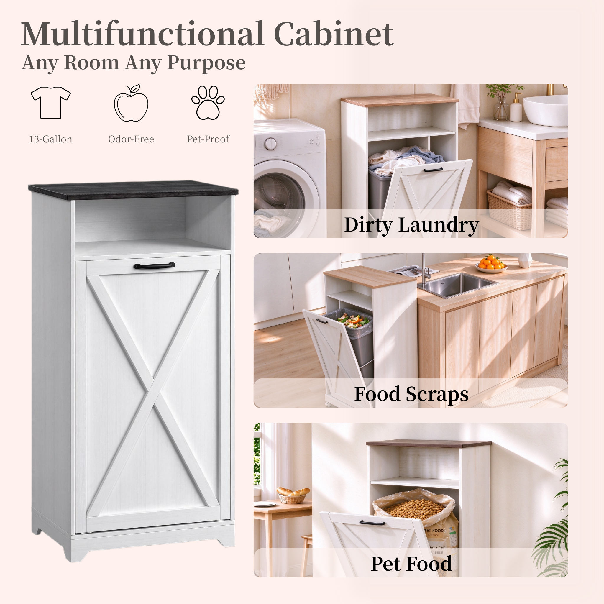 Bedsnus 13 Gallon Tilt Out Trash Cabinet, Pet Proof Garbage Recycling Cabinet for Kitchen, Wooden Cabinet For Kitchen, Living Room, Bathroom, White