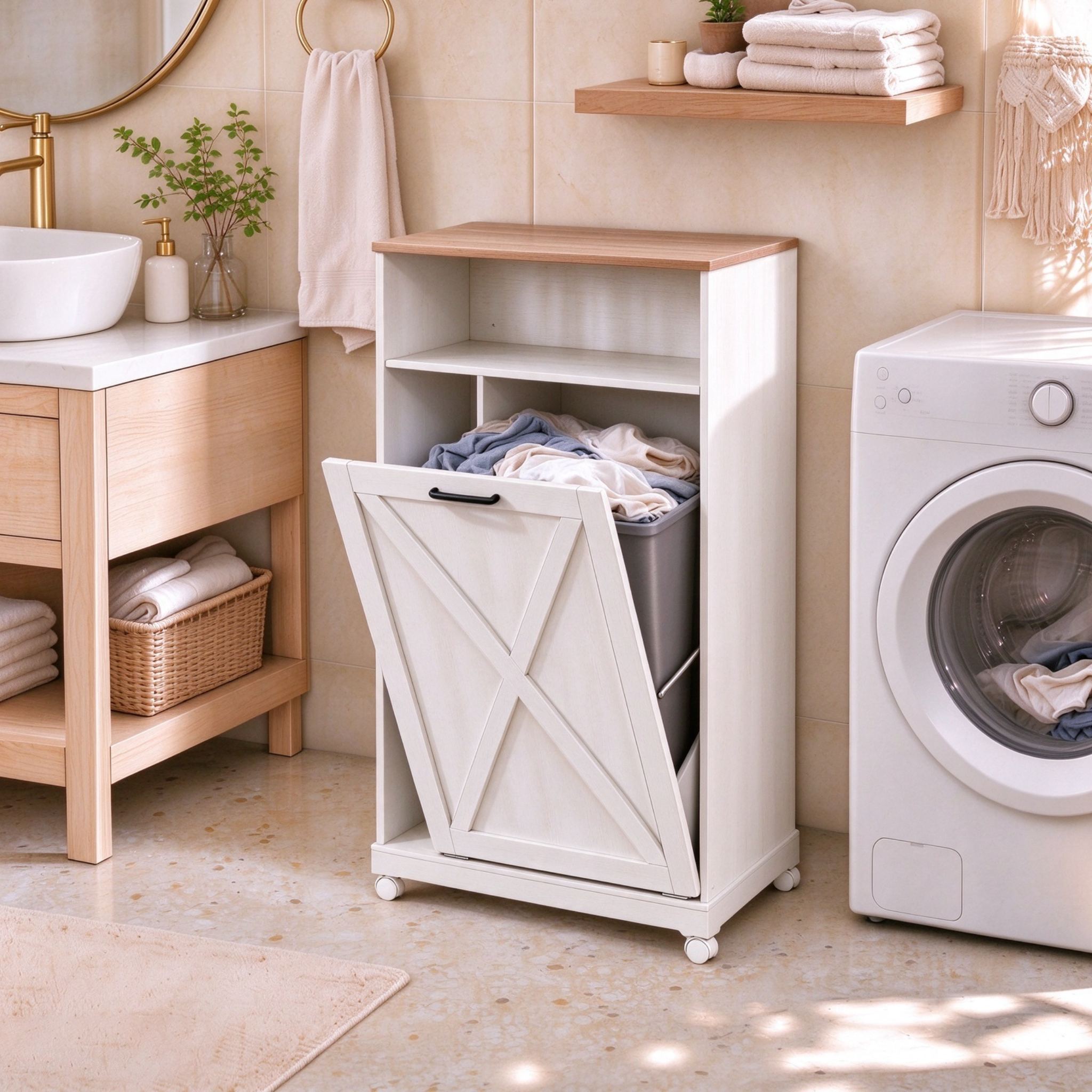 Bedsnus 13 Gallon Tilt Out Trash Cabinet, Pet Proof Garbage Recycling Cabinet for Kitchen, Wooden Cabinet with Wheels For Kitchen, Living Room, Bathroom, White