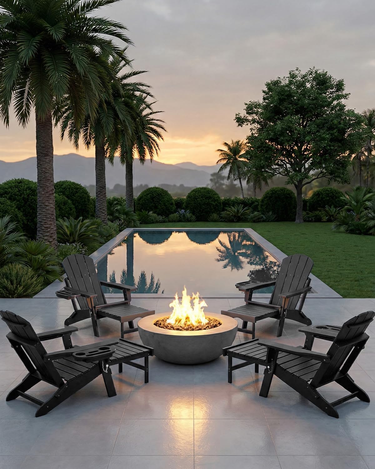 NAVINE Adjustable Adirondack Chair with Retractable Ottoman Set of 2, HDPE Folding Adirondack Chair with Cup Holder, All Weather Fire Pit Chair for Outdoor.