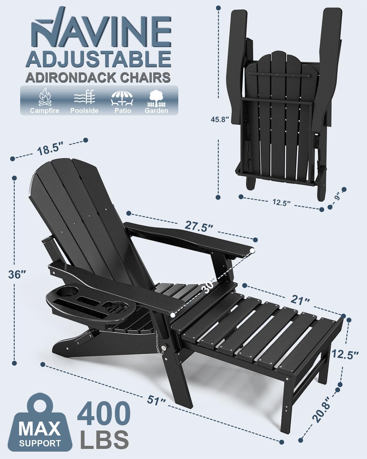 NAVINE Adjustable Adirondack Chair with Retractable Ottoman Set of 2, HDPE Folding Adirondack Chair with Cup Holder, All Weather Fire Pit Chair for Outdoor.