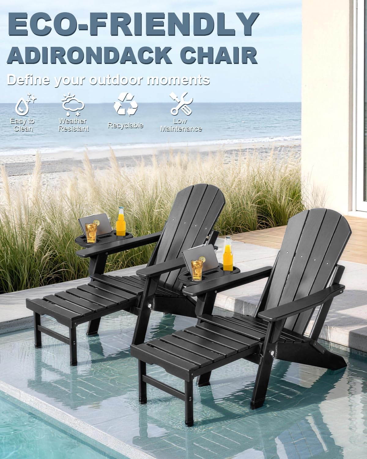 NAVINE Adjustable Adirondack Chair with Retractable Ottoman Set of 2, HDPE Folding Adirondack Chair with Cup Holder, All Weather Fire Pit Chair for Outdoor.
