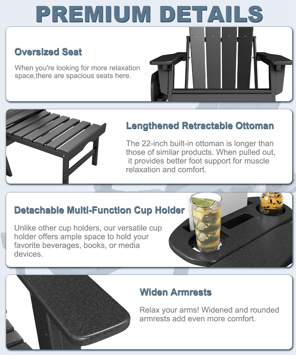 NAVINE Adjustable Adirondack Chair with Retractable Ottoman Set of 2, HDPE Folding Adirondack Chair with Cup Holder, All Weather Fire Pit Chair for Outdoor.