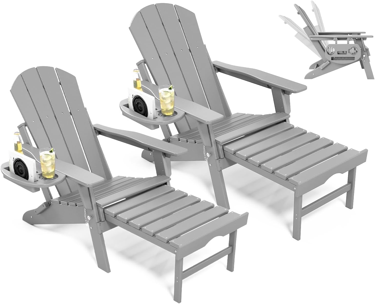 NAVINE Adjustable Adirondack Chair with Retractable Ottoman Set of 2, HDPE Folding Adirondack Chair with Cup Holder, All Weather Fire Pit Chair for Outdoor.