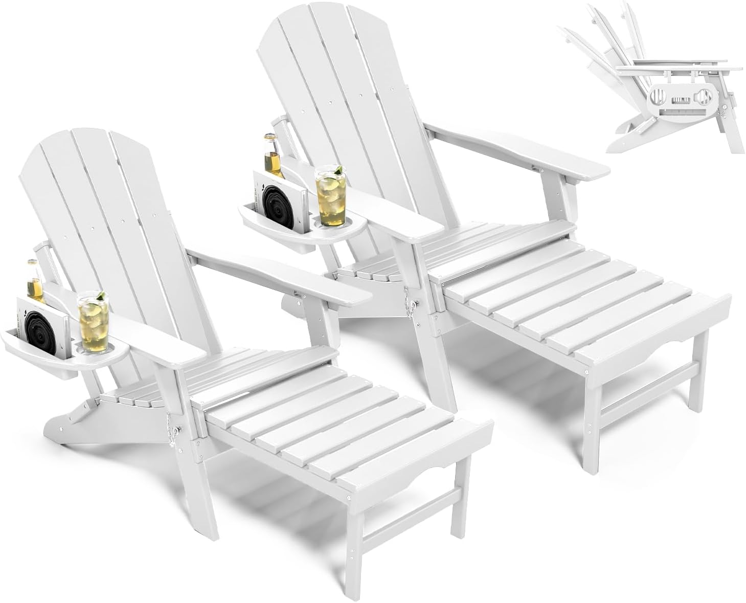 NAVINE Adjustable Adirondack Chair with Retractable Ottoman Set of 2, HDPE Folding Adirondack Chair with Cup Holder, All Weather Fire Pit Chair for Outdoor.