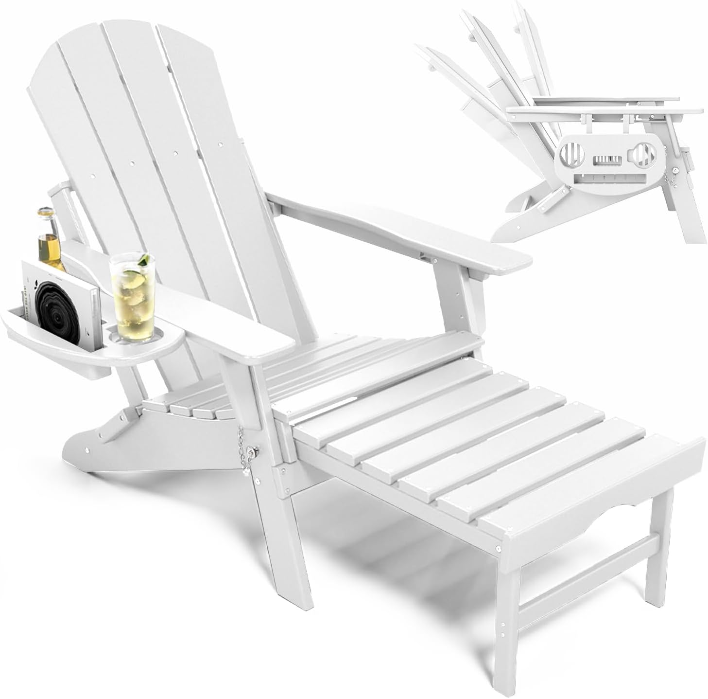 NAVINE Adjustable Adirondack Chair with Retractable Ottoman Set of 2, HDPE Folding Adirondack Chair with Cup Holder, All Weather Fire Pit Chair for Outdoor.