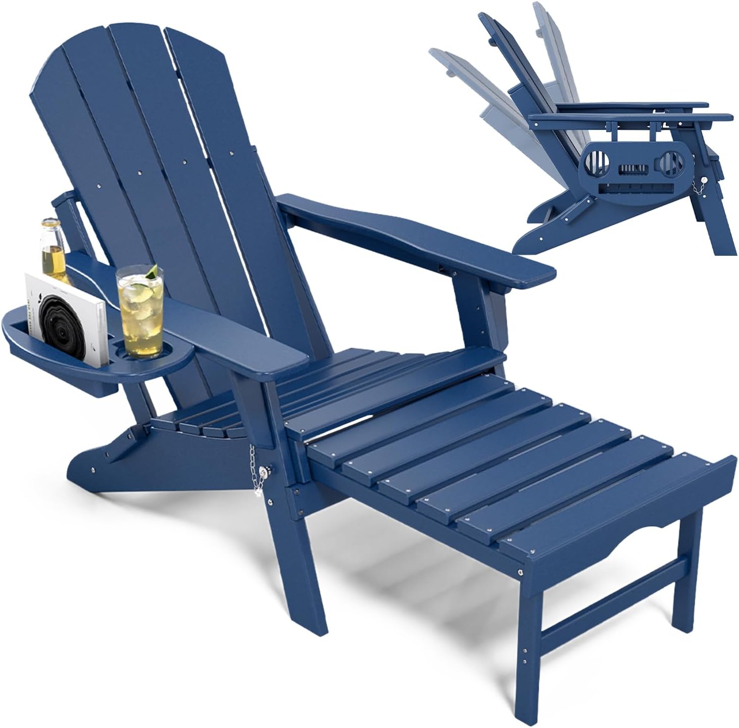 NAVINE Adjustable Adirondack Chair with Retractable Ottoman Set of 2, HDPE Folding Adirondack Chair with Cup Holder, All Weather Fire Pit Chair for Outdoor.