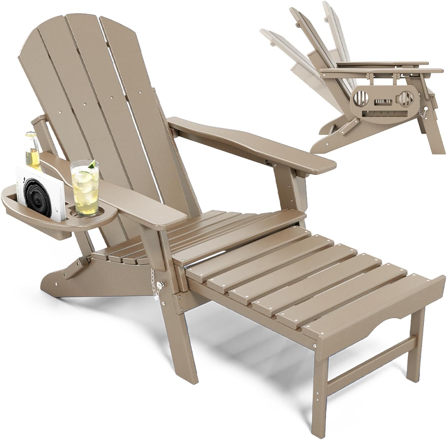 NAVINE Adjustable Adirondack Chair with Retractable Ottoman Set of 2, HDPE Folding Adirondack Chair with Cup Holder, All Weather Fire Pit Chair for Outdoor.