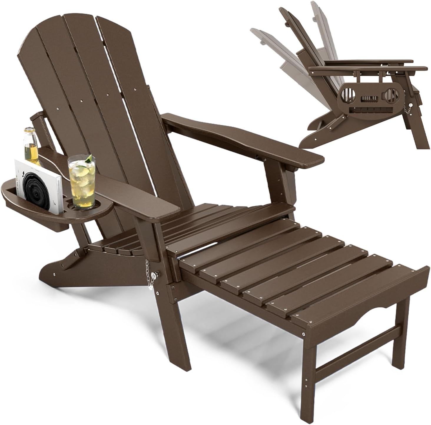 NAVINE Adjustable Adirondack Chair with Retractable Ottoman Set of 2, HDPE Folding Adirondack Chair with Cup Holder, All Weather Fire Pit Chair for Outdoor.