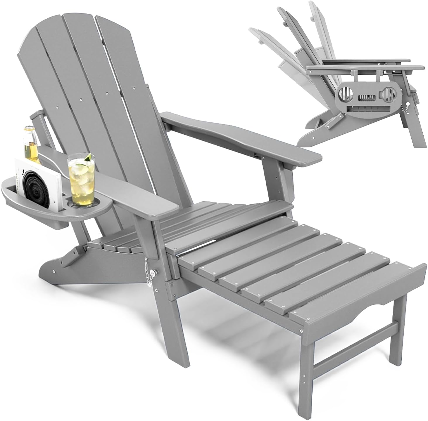 NAVINE Adjustable Adirondack Chair with Retractable Ottoman Set of 2, HDPE Folding Adirondack Chair with Cup Holder, All Weather Fire Pit Chair for Outdoor.