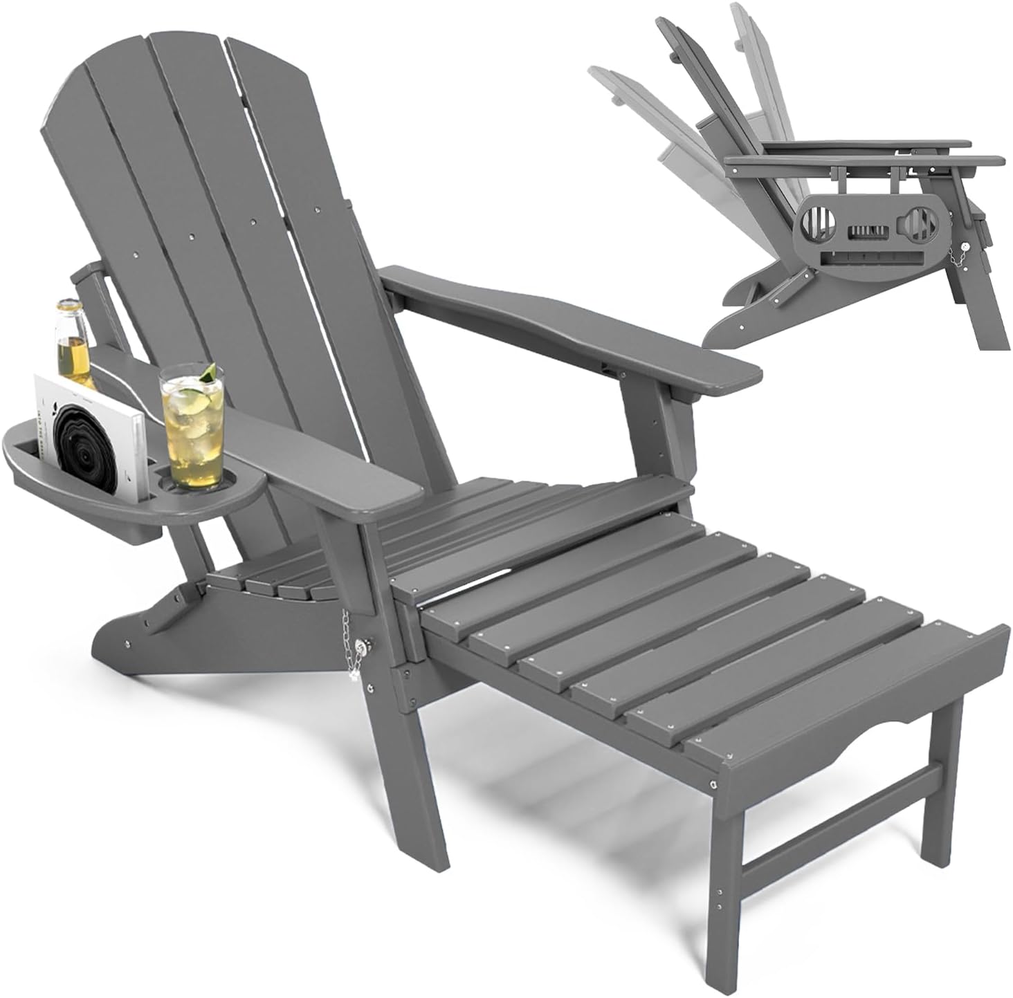 NAVINE Adjustable Adirondack Chair with Retractable Ottoman Set of 2, HDPE Folding Adirondack Chair with Cup Holder, All Weather Fire Pit Chair for Outdoor.