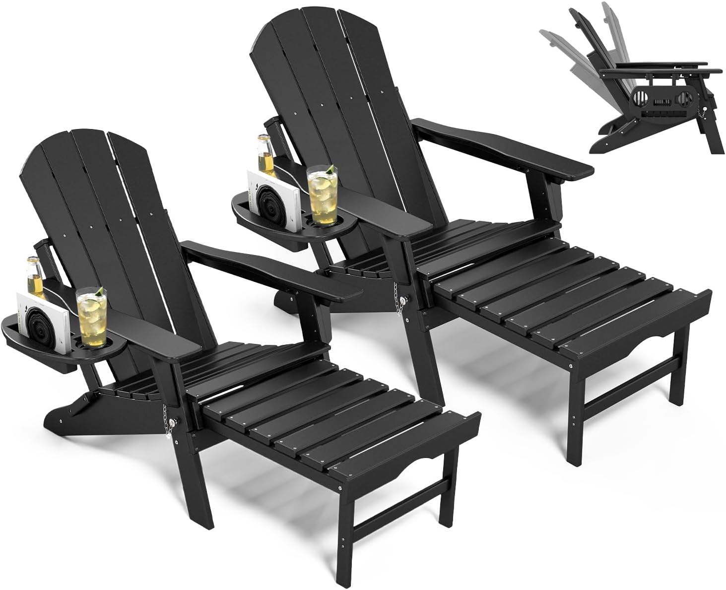 NAVINE Adjustable Adirondack Chair with Retractable Ottoman Set of 2, HDPE Folding Adirondack Chair with Cup Holder, All Weather Fire Pit Chair for Outdoor.
