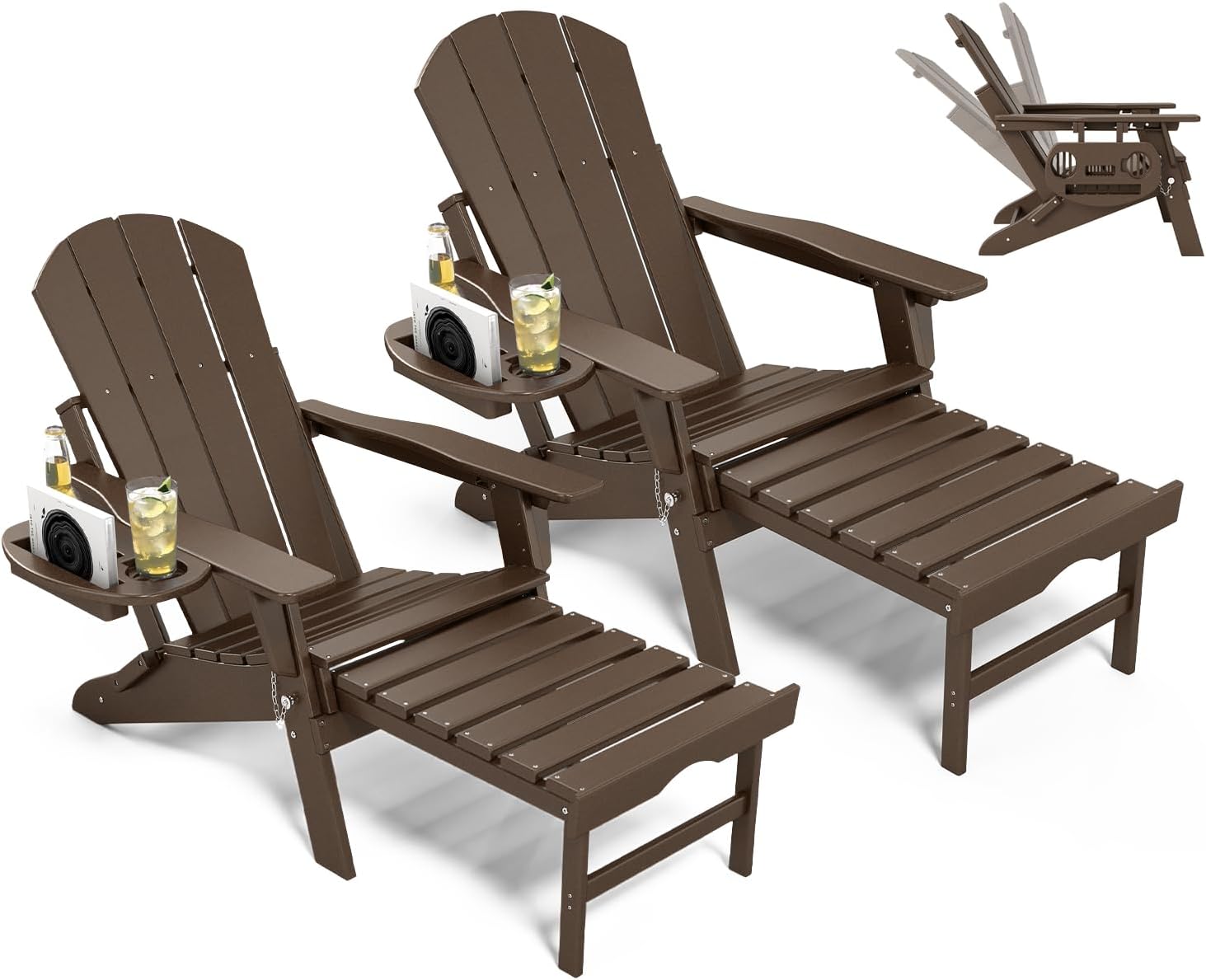 NAVINE Adjustable Adirondack Chair with Retractable Ottoman Set of 2, HDPE Folding Adirondack Chair with Cup Holder, All Weather Fire Pit Chair for Outdoor.