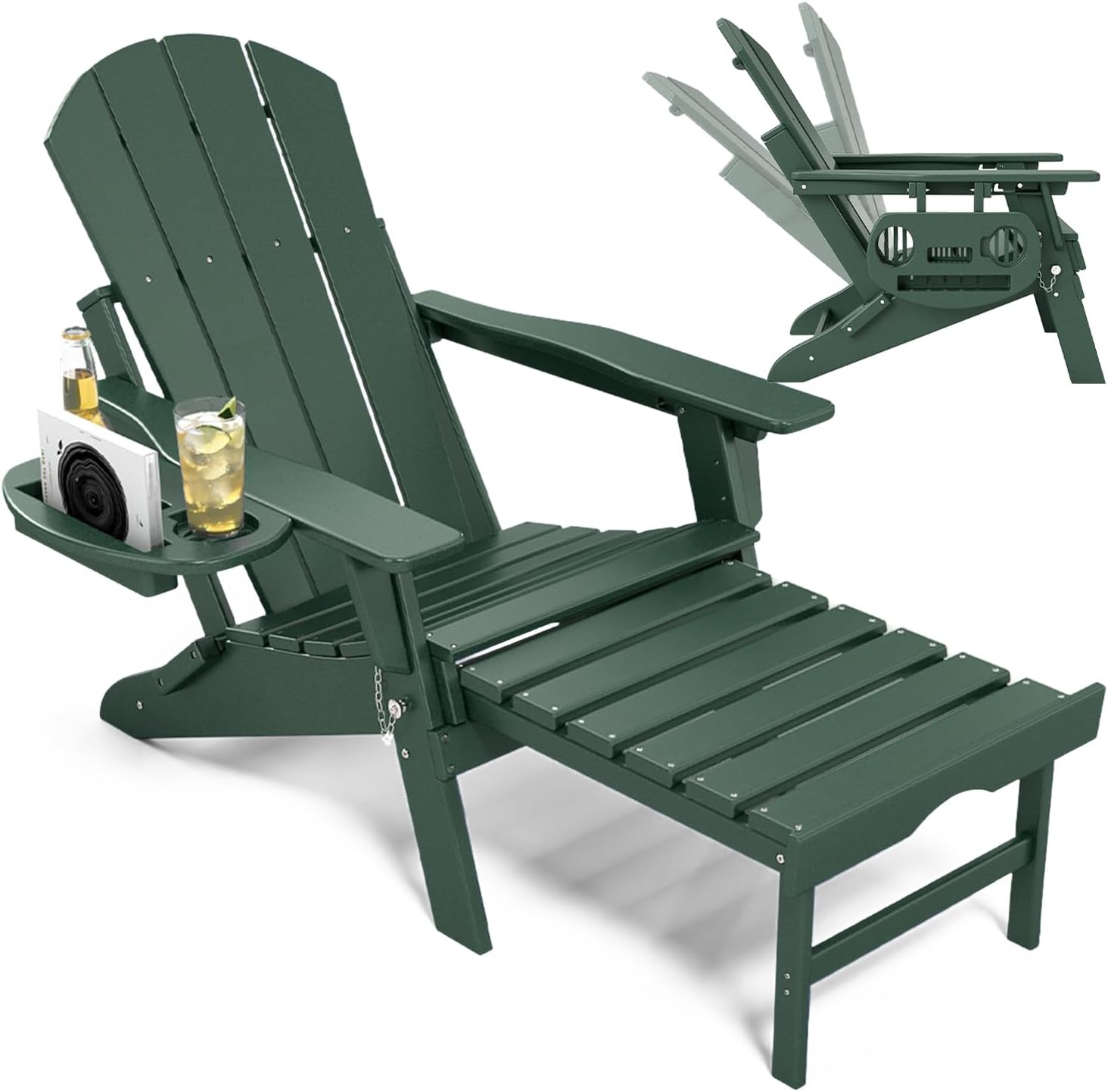 NAVINE Adjustable Adirondack Chair with Retractable Ottoman Set of 2, HDPE Folding Adirondack Chair with Cup Holder, All Weather Fire Pit Chair for Outdoor.