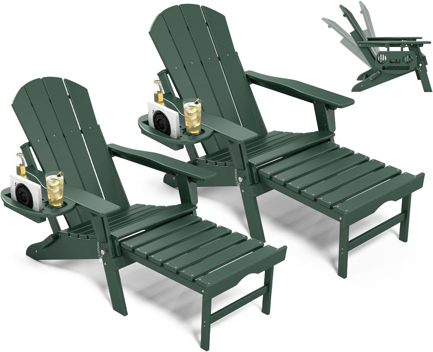 NAVINE Adjustable Adirondack Chair with Retractable Ottoman Set of 2, HDPE Folding Adirondack Chair with Cup Holder, All Weather Fire Pit Chair for Outdoor.