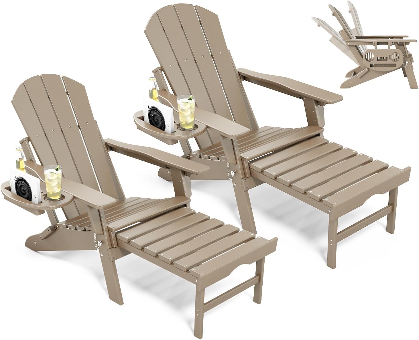 NAVINE Adjustable Adirondack Chair with Retractable Ottoman Set of 2, HDPE Folding Adirondack Chair with Cup Holder, All Weather Fire Pit Chair for Outdoor.