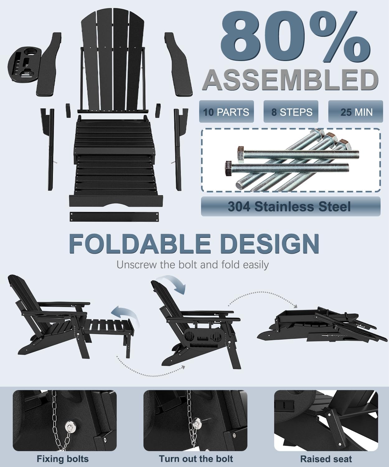 NAVINE Adjustable Adirondack Chair with Retractable Ottoman Set of 2, HDPE Folding Adirondack Chair with Cup Holder, All Weather Fire Pit Chair for Outdoor.